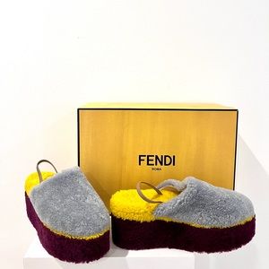 Fendi Multi Color Colorblock Platform Shearling Mules